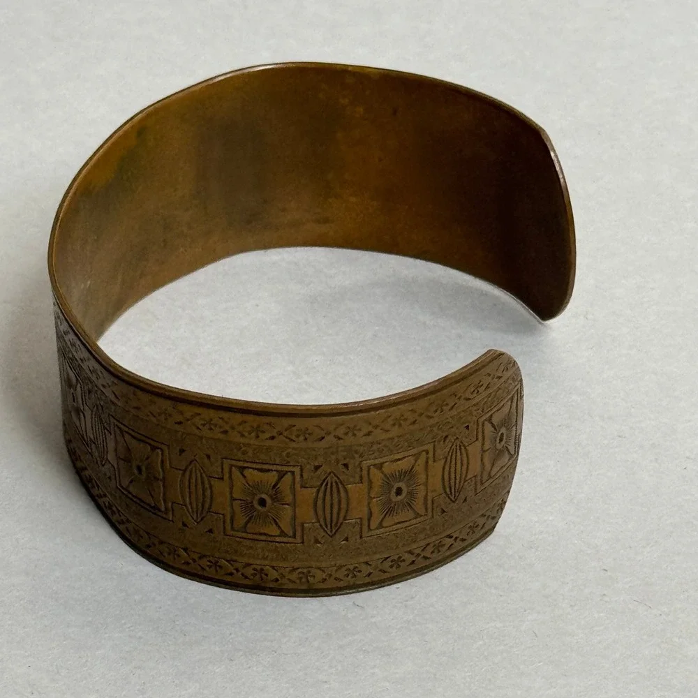 Vintage Copper Cuff Bracelet Etched Geometric Floral Boho Bangle